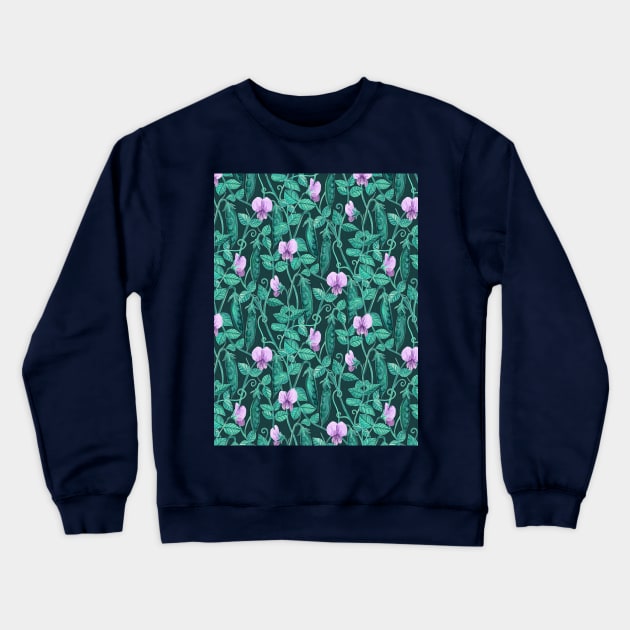 Fresh Garden Pea Floral on Dark Green Crewneck Sweatshirt by micklyn